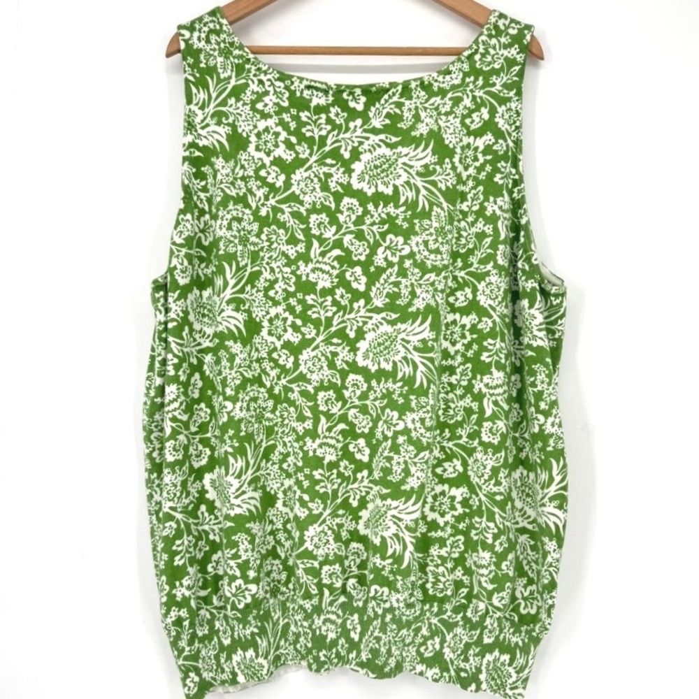 Attention Womens Plus 3X Green White‎ Floral Toile Cotton Sweater Tank V-Neck